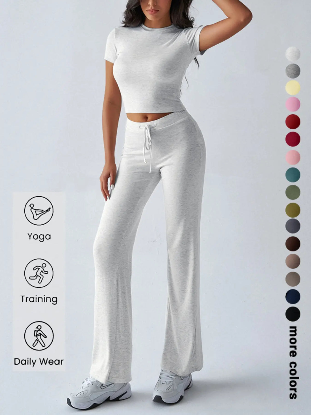 Women's Basic Minimalist Solid Short Sleeve Two-piece Set, Casual Round Neck Crop Tee & Drawstring High Waist Trousers for Daily Wear, Ladies Summer Clothes, Womenswear