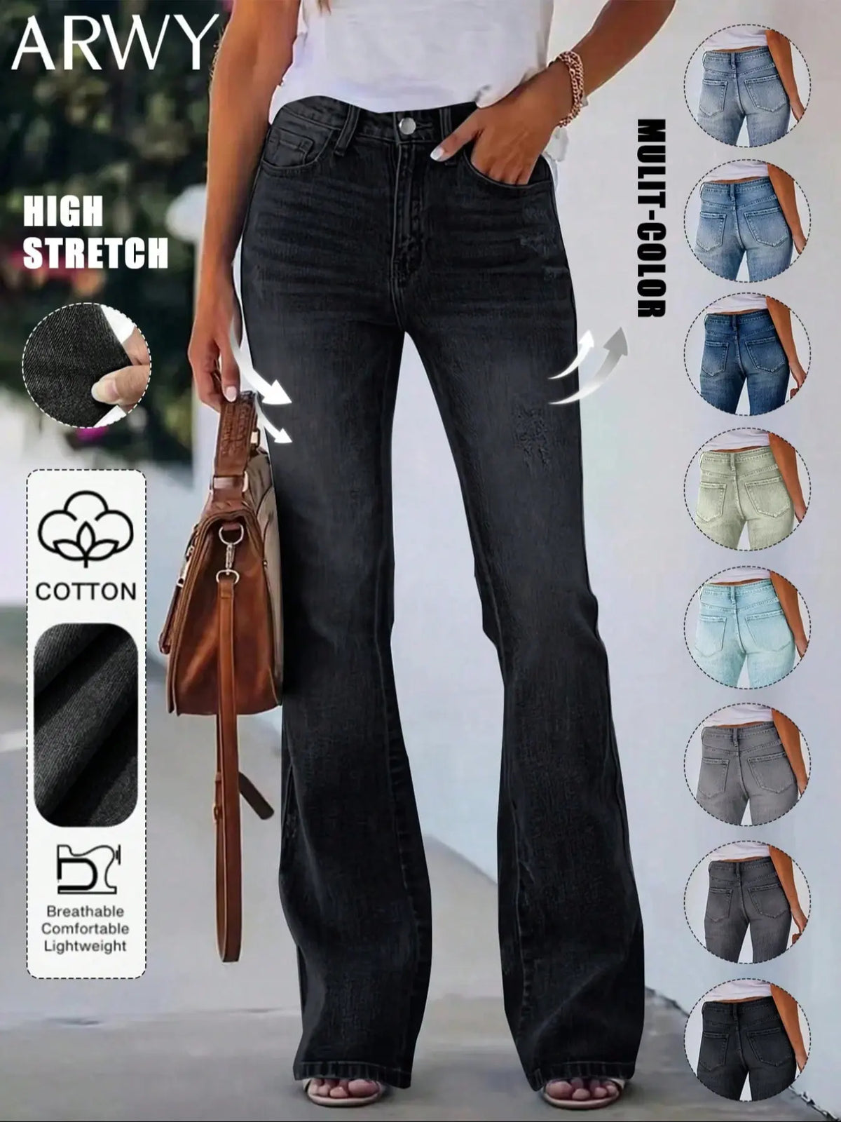 Women's Bohemian Gradient Slim-Fit Flare Leg Denim Jeans for All Seasons, Medium-Wash Denim Mid-Waist Stretchy Pants with Pockets, Womenswear
