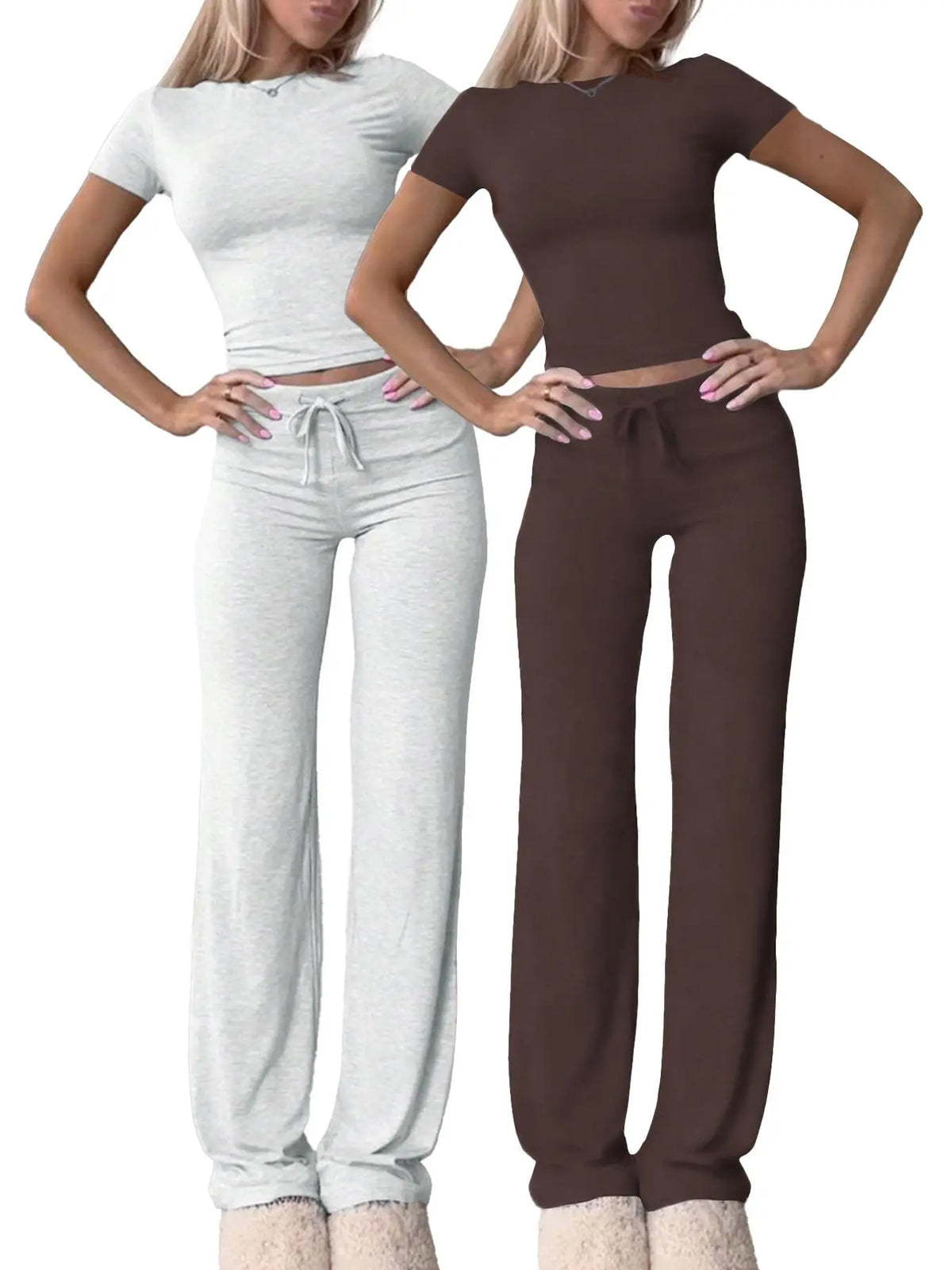 Women's Basic Minimalist Solid Short Sleeve Two-piece Set, Casual Round Neck Crop Tee & Drawstring High Waist Trousers for Daily Wear, Ladies Summer Clothes, Womenswear