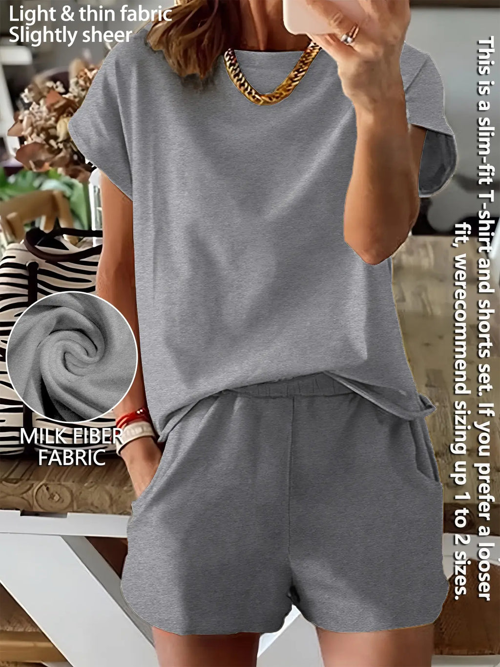 Women's Summer Short Sleeve Plain Basic Fitted Set Outfit Suits Womenswear Style, Slim-Fit Natural Waist Design Shorts & Tops, Perfect for Casual Wear