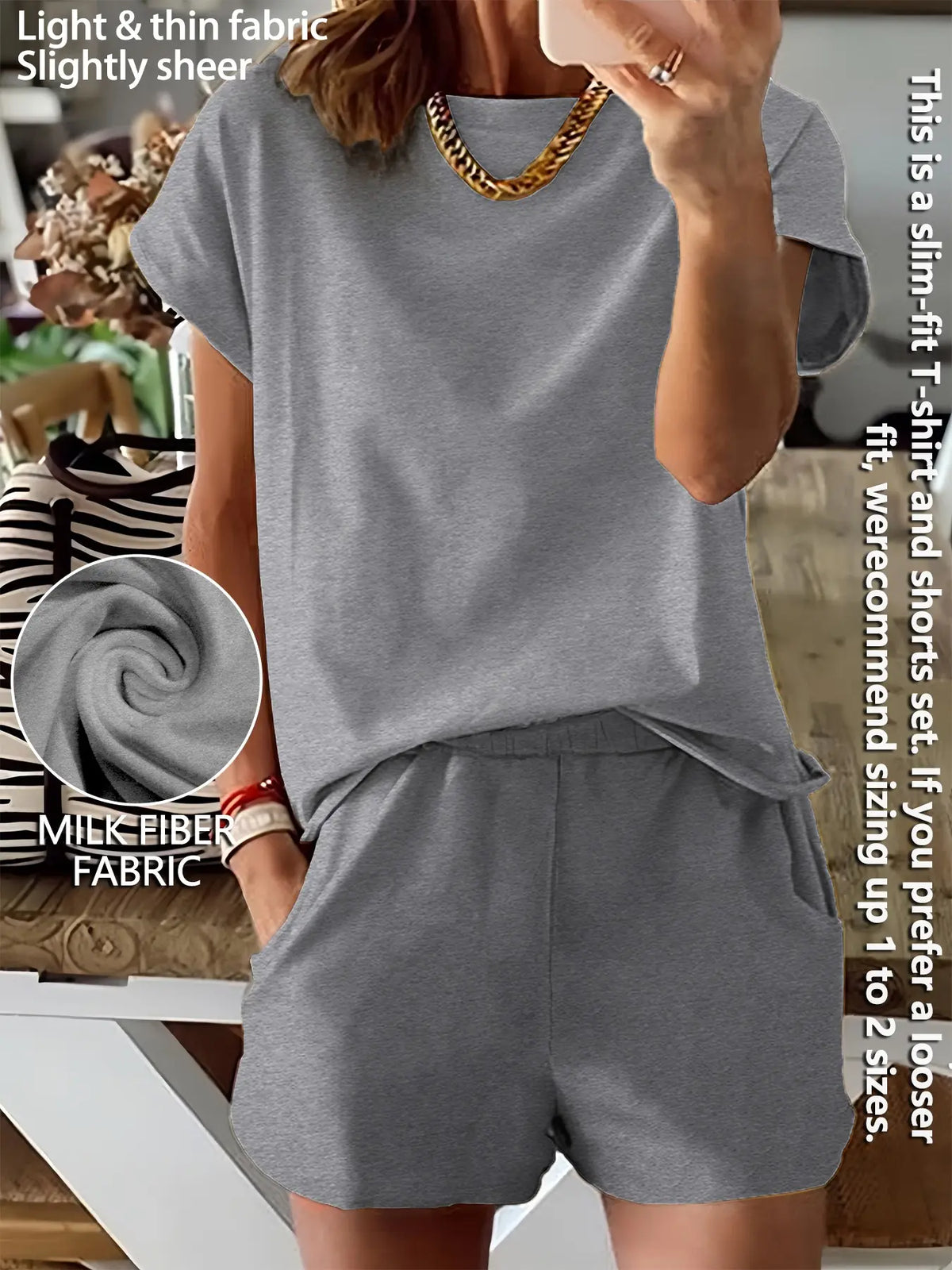 Women's Summer Short Sleeve Plain Basic Fitted Set Outfit Suits Womenswear Style, Slim-Fit Natural Waist Design Shorts & Tops, Perfect for Casual Wear