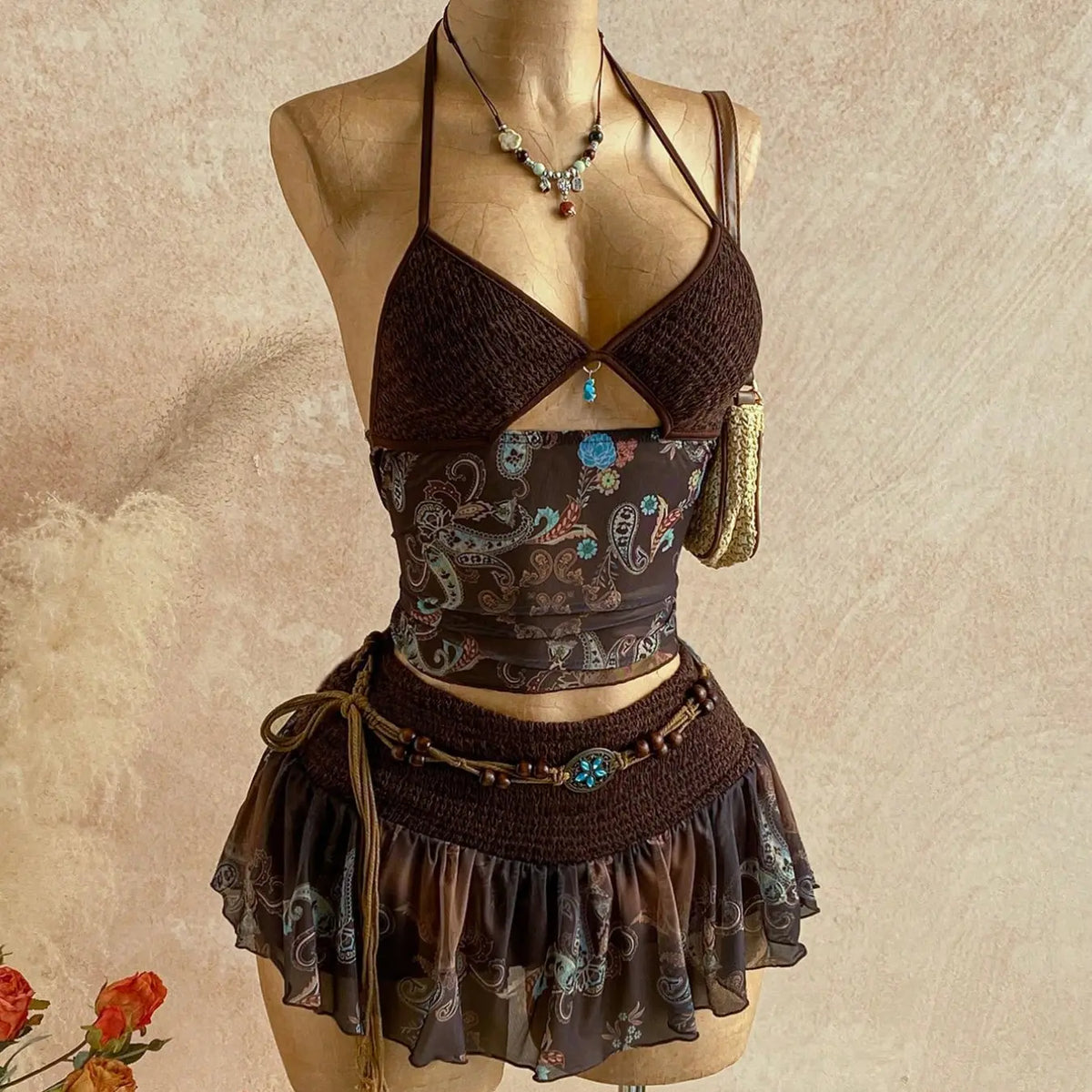 Women's Retro Vintage Paisley Print Crochet Two-Piece Set, Bohemian Boho Halter Crop Top & Ruffled Midi Skirt with Mesh Detail, Y2K Ethnic Style, for Casual, Vacation & Date, Spring/Summer/Fall