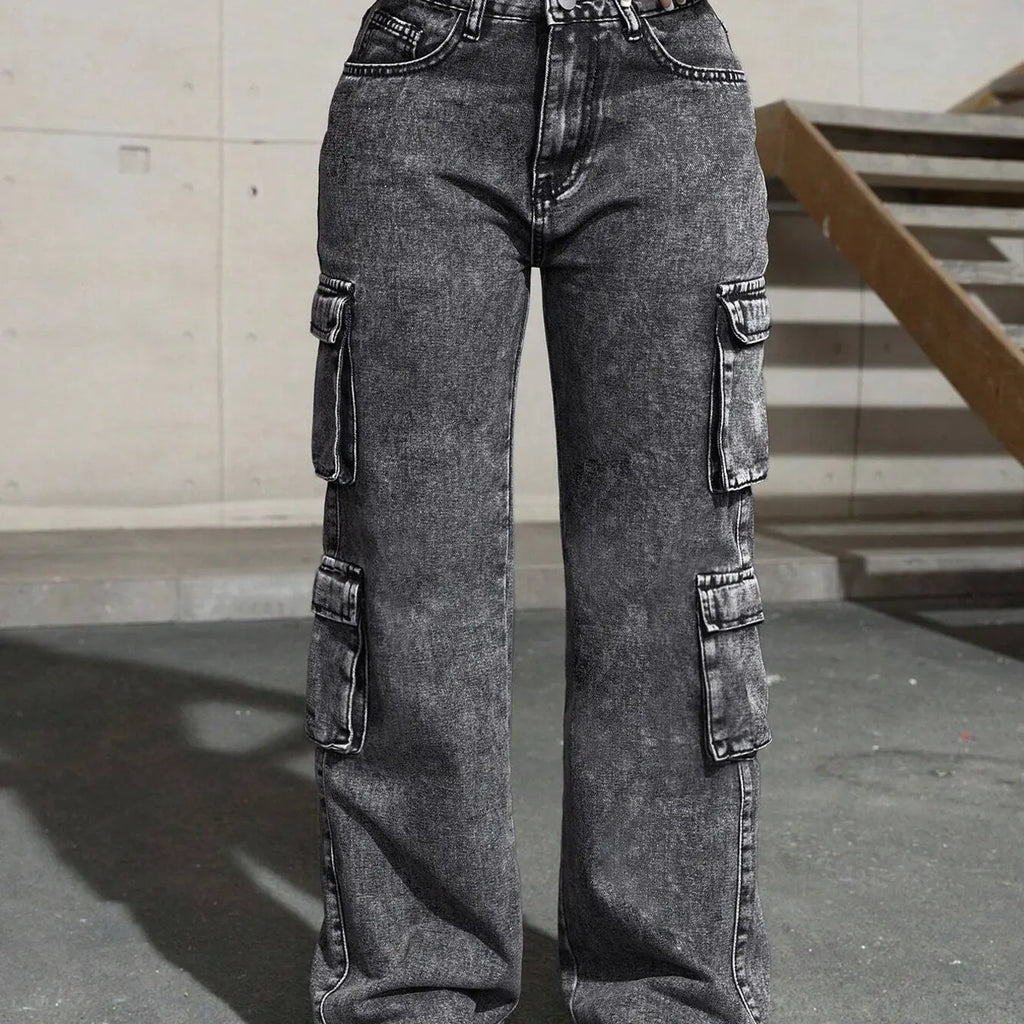 Women's Dark Grey Washed Denim Jeans, Multi-Pocket Straight Leg Cargo Pants, Casual Commuter Streetwear, Soft Stretch Comfortable Loose Fit, High Waisted Jeans Suitable for All Seasons, Outdoor Shopping and Dating, Bottom