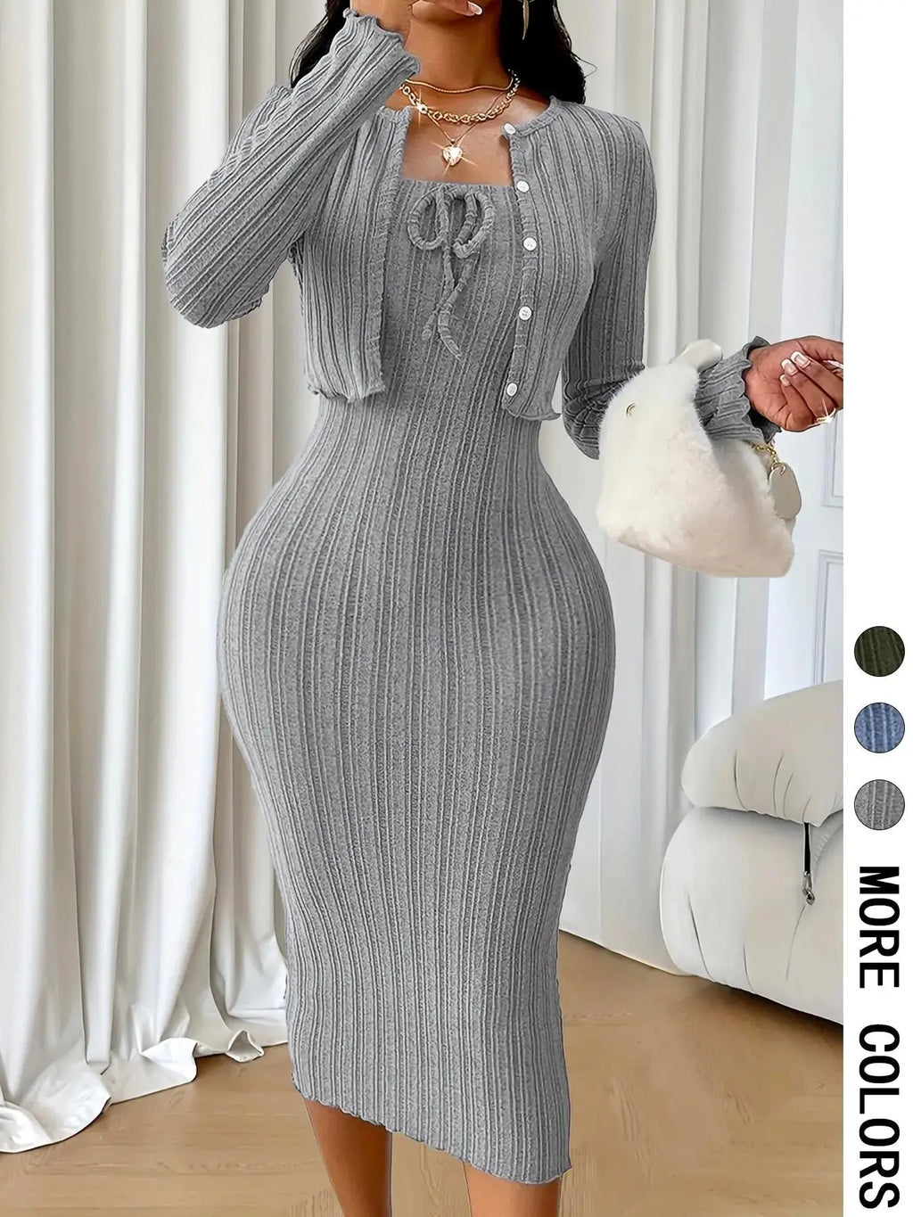 Women Casual Chic Ribbed Texture Textured Elegance Strapless Dress Set with Cropped Jacket, Two-Piece for Spring & Fall Womenswear