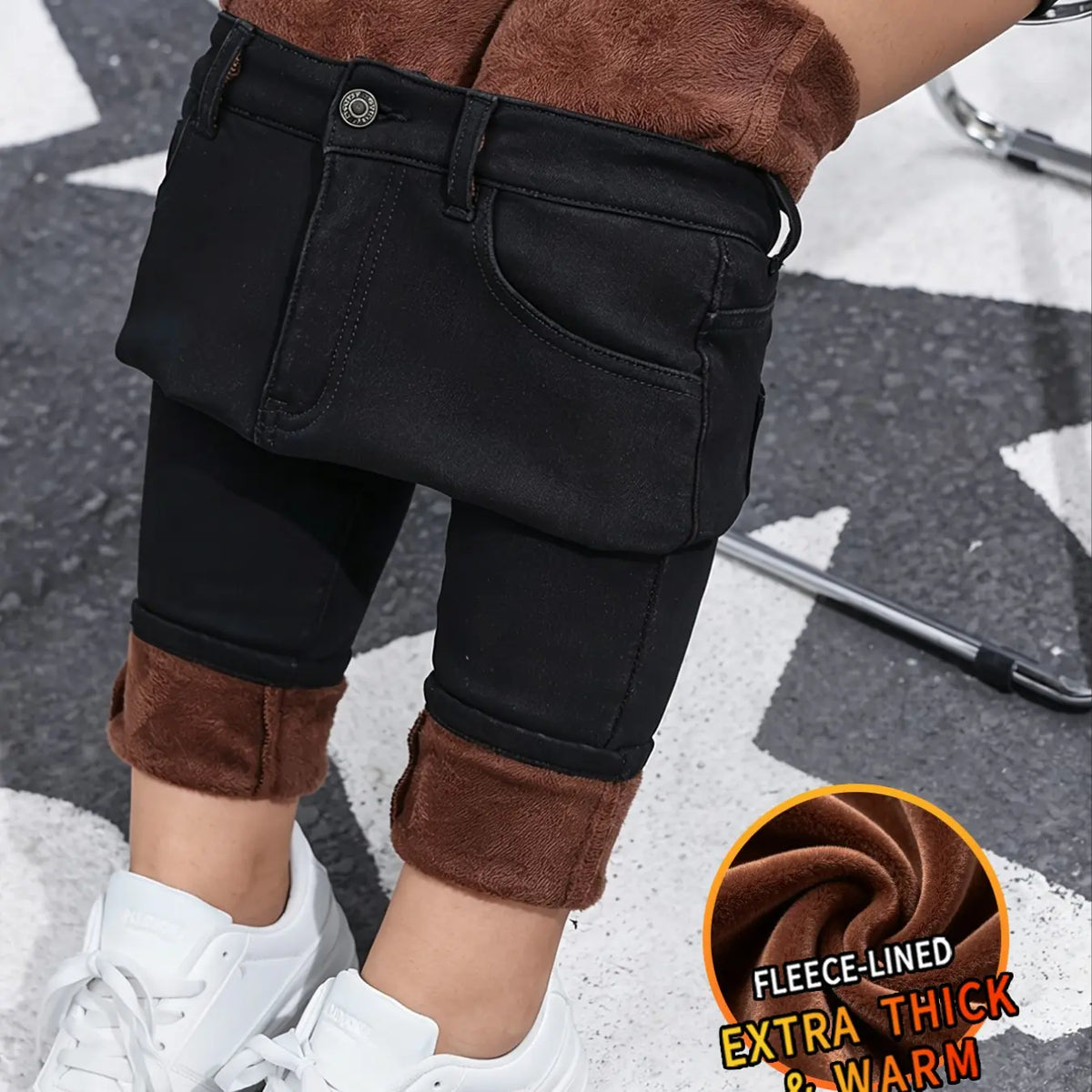 Women's Basic Chic Fleece-Lined Thermal High Waist Jeans, Slim-Fit Woven Denim Pants for Fall & Winter, Chic Bottoms, Trouser