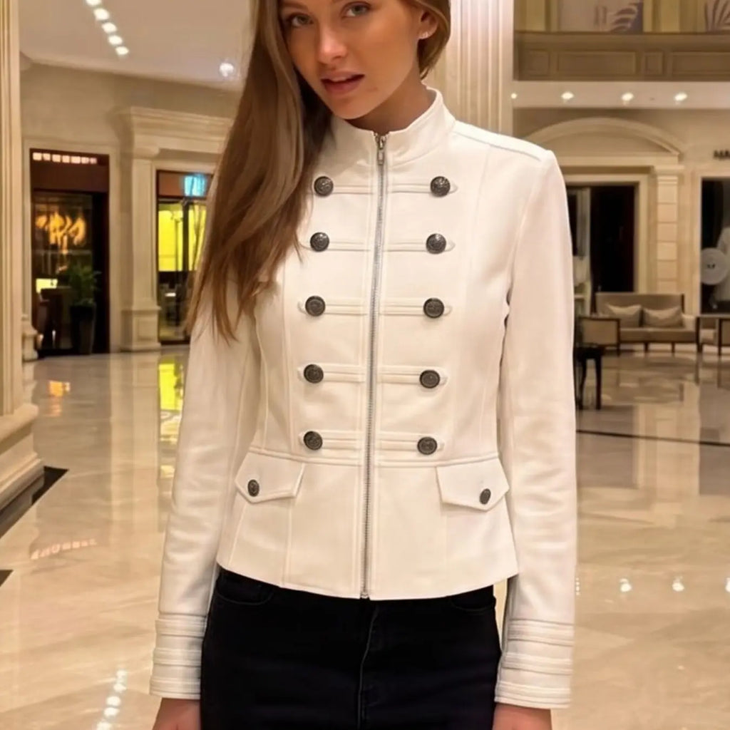 Double Breasted Button Cropped Blazer For Women Demi-Season Long Sleeve Tops White Jacket Fitted Streetwear Military Style Elegant Chic High Neck Women's Outerwear Casual Zip Up Short Coats Womenswear