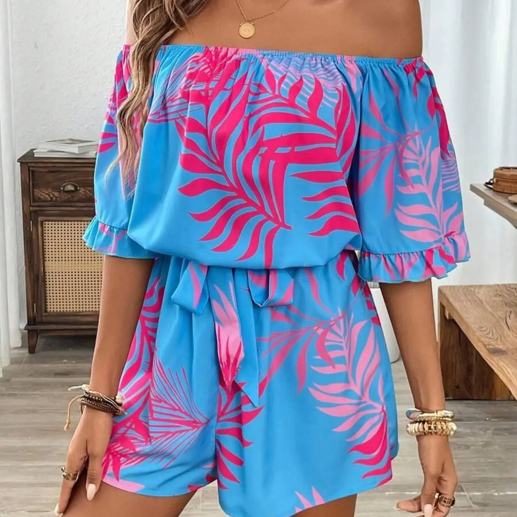 Women's Tropical Print Off-Shoulder Lightweight Romper, Bohemian Style, Ruffled Sleeve & Hem, Cinched Waist, Stylish & Comfortable Summer Wear
