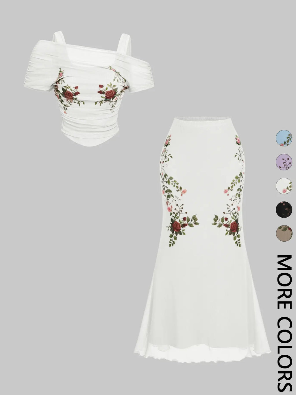 2 Piece Trendy Romantic Fairy Floral Print Off Shoulder Top and Midi Skirt Clothes Set for Women, Figure Flattering for Date, Vacation and Wedding