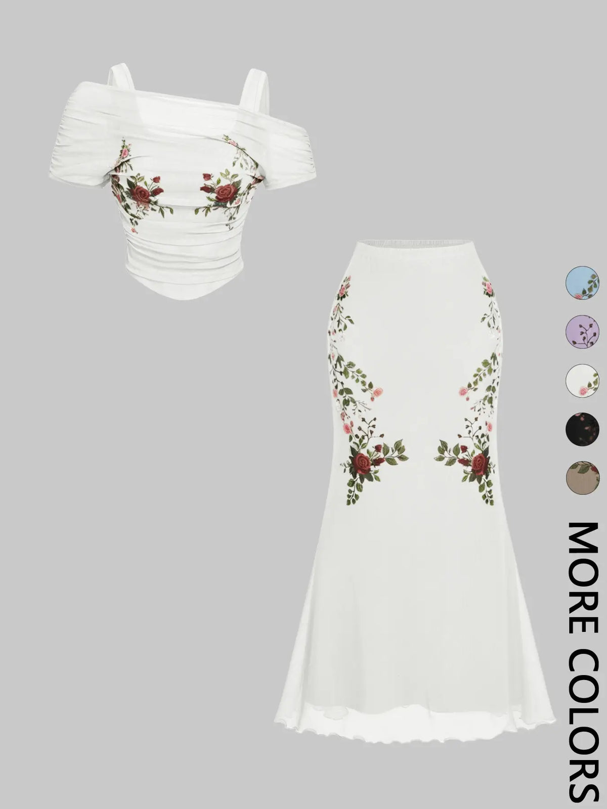 2 Piece Trendy Romantic Fairy Floral Print Off Shoulder Top and Midi Skirt Clothes Set for Women, Figure Flattering for Date, Vacation and Wedding