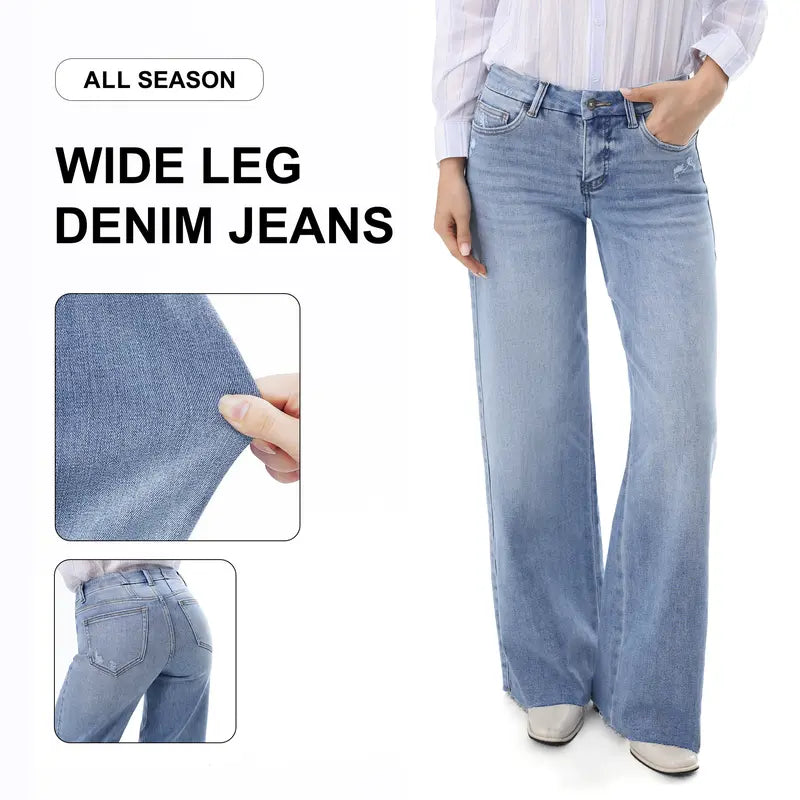Freya ONESO Women Mid Rise High Stretchy BBL Jeans Butt Lifting Wide Leg Raw Hem Denim Pants Tummy Control Spring Basic Minimalist Woman Denim Bottom Comfortable Denim Jeans OSW8019 Plus Size Regular Size Fashion Daily Outfits DIY Inseams #SummerVibes