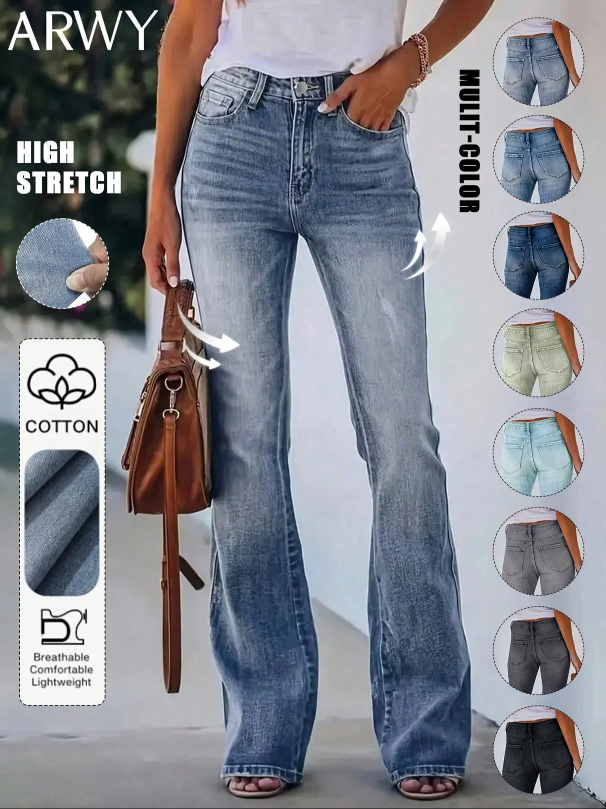 Women's Bohemian Gradient Slim-Fit Flare Leg Denim Jeans for All Seasons, Medium-Wash Denim Mid-Waist Stretchy Pants with Pockets, Womenswear