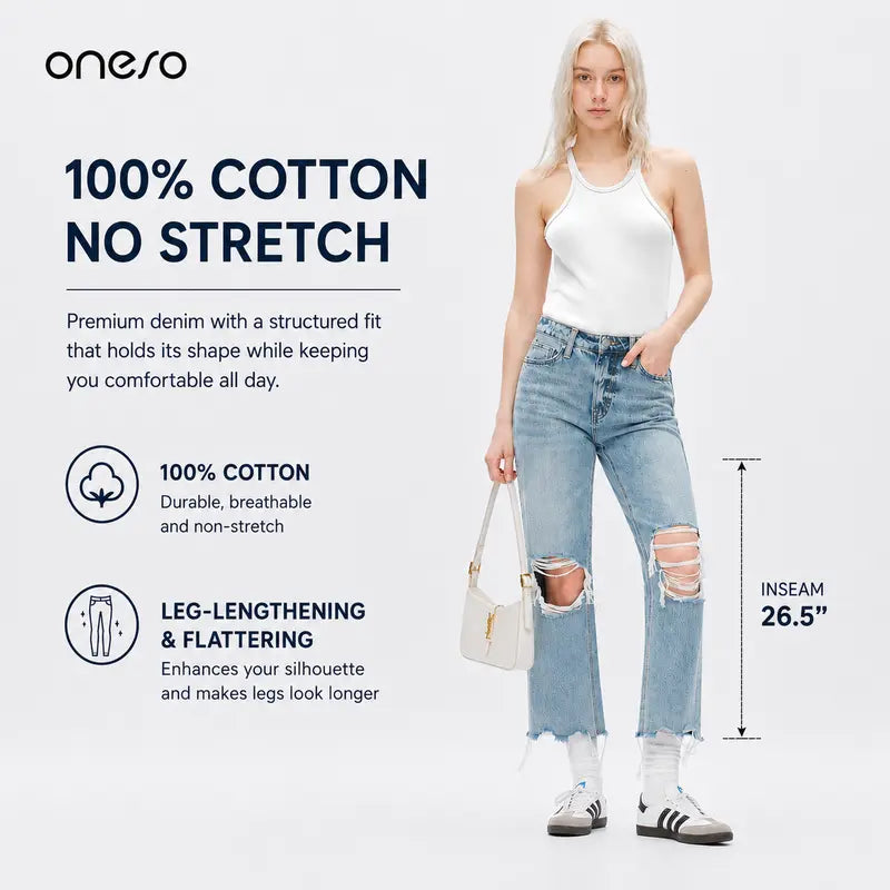 ONESO Women's Super High Rise Destroyed Straight Rigid Leg Jeans Non-Stretch Distressed Denim Pants Size Comfortable Fashion FitStyle Bottoms Womenswear Fitted Streetwear Fabric  Basic Minimalist Gift #SummerVibes