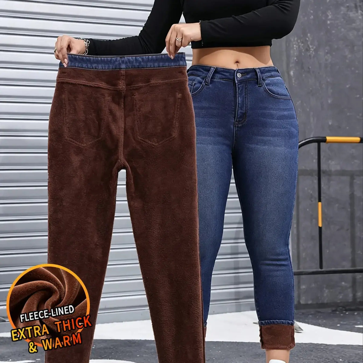 Women's Basic Chic Fleece-Lined Thermal High Waist Jeans, Slim-Fit Woven Denim Pants for Fall & Winter, Chic Bottoms, Trouser
