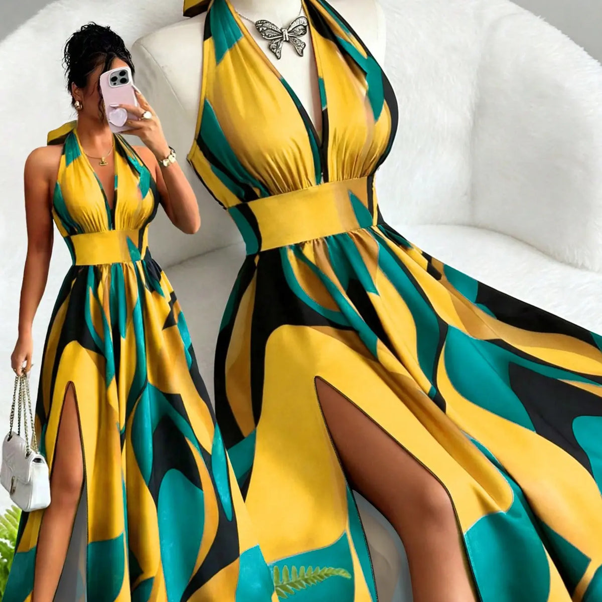 Printed Halter Long Dress, Deep V Neck Split Dress, Vintage Style, Sleeveless Backless, Beach Vacation, Summer New Arrival, Ff2608, Summer Dresses