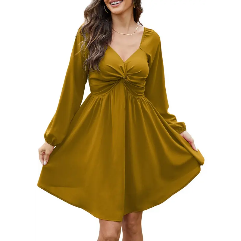 Chicovar Women's Fall Sweetheart Neckline Knot Front Flowy Mini Chiffon Dresses , Lantern Sleeve, A-Line Cut, No Scratchy, No Sheer, Westernfashion, Family Photos, Church, Party, Casual, or Daily Wear, Sohochic Long Sleeve Womenswear