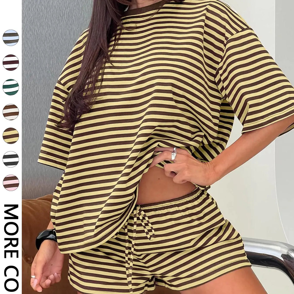 Women's Striped 2 Piece Outfit Women | Oversized T-Shirt + Drawstring Shorts | Soft Casual Lounge Set | Y2K Clean Girl Style for Daily Home Vacation Wear Shorts Matching Set
