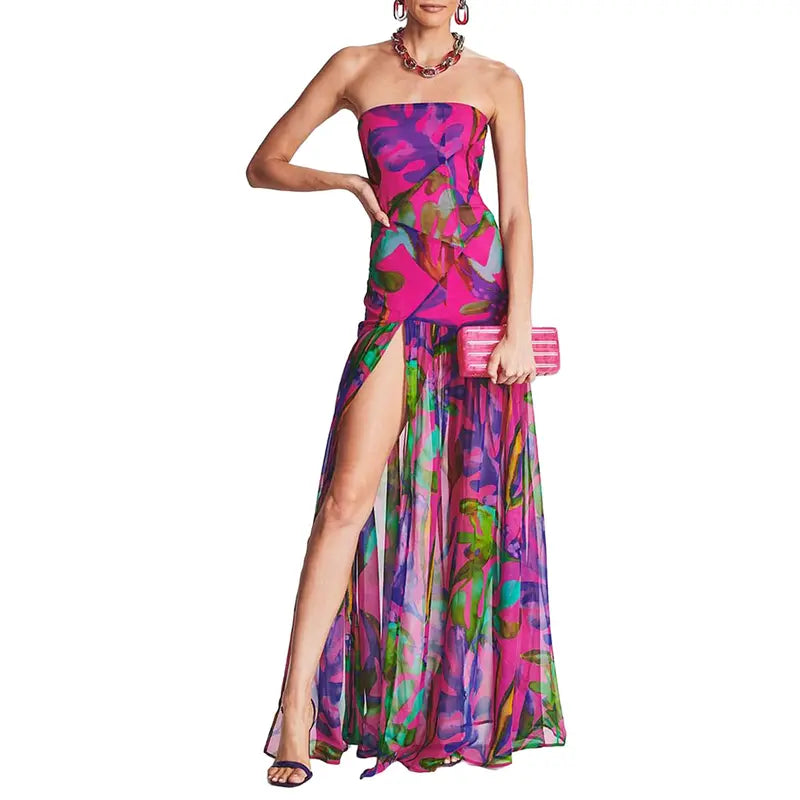 Women Strapless Tube Maxi Dress Tropical Leopard Print High Slit Chiffon Flowy Ruched Bodycon Long Formal Evening Party Gown