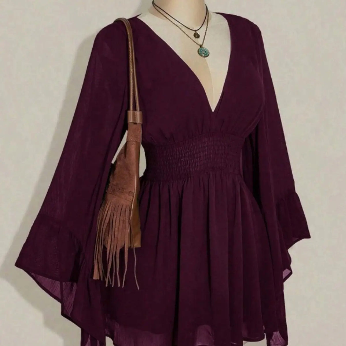Women's Gothic Style V Neck Waist Cinched Dress, Elegant Long Sleeve Mini Dress, Autumn/winter Lantern Sleeve Dress, Gothic Look #GLOBAL PICKS