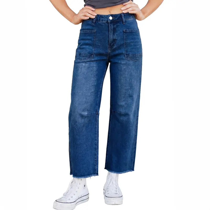 Asvivid Women's Frayed Cropped Straight Jeans with Pockets Denim Basic Fashion Casual Trouser Bottom Pants Womenswear Streetwear