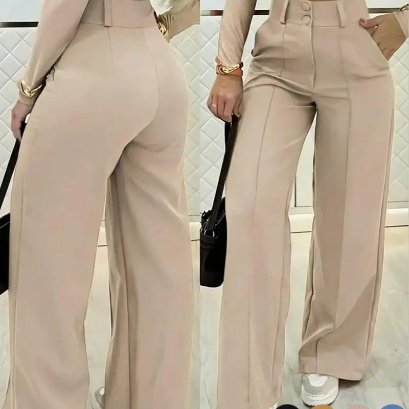 Women Wide Leg Pants Double Button Front Versatile Commuter Essential Single Piece Stylish Office Wear High Waist Loose Fit Daily Wear