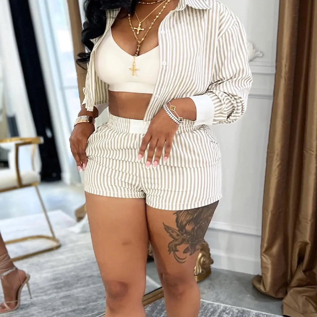 Women's Striped Print Button Long Sleeve Shirt and Shorts, Collared Fitted Top and Shorts for Daily Wear, Ladies Two-Piece Outfit for Spring and Summer, Casual Fashion Matching Set, Womenswear