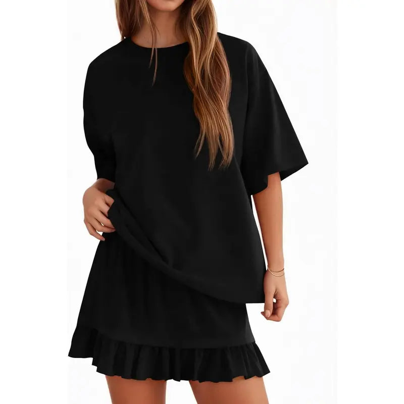 Yousify Women's 2-Piece Minimalist Basic Set - Half Sleeve Crew Neck Top & Casual Mini Skirt, Women's Clothes for Summer Vacation Loungewear, Easy Styling Casual Set