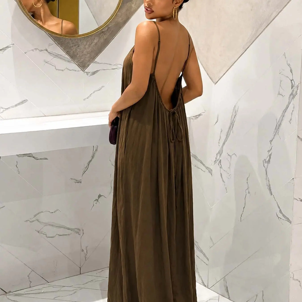 Women's Plain Ruched Pleated Backless Dress, Long Bohemian Style Fitted Sleeveless Party Gown for Spring & Fall, Elegant Casual Design, Perfect for Everyday Wear, Elegance, Basic