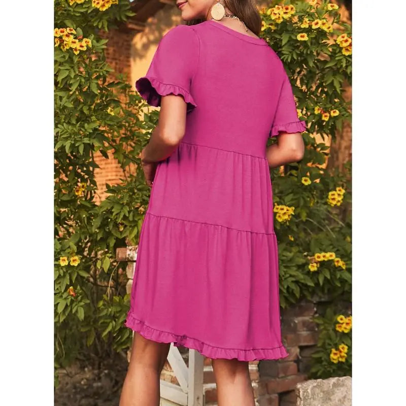 Dokotoo Womens Dresses 2026 Summer Spring V Neck Ruffle Short Sleeve Casual A-Line Flowy Swing Shift Dress Mini Dress