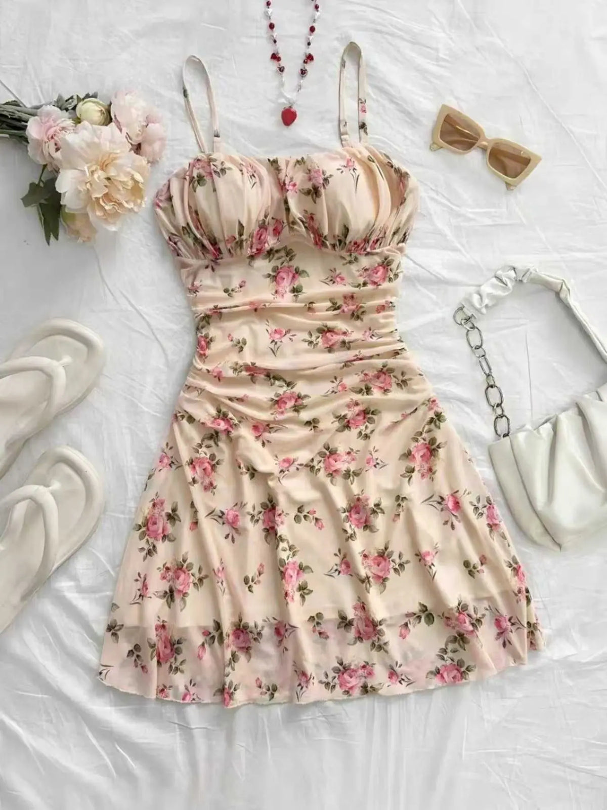 Women's Vintage Maple Leaf Print Floral Ruched Mini Dress Sleeveless, Retro Style Bohemian Dress, Perfect for Spring and Fall, Casual Stylish and Comfortable Dress, Boho Casual Fashion Dress #GLOBAL PICKS