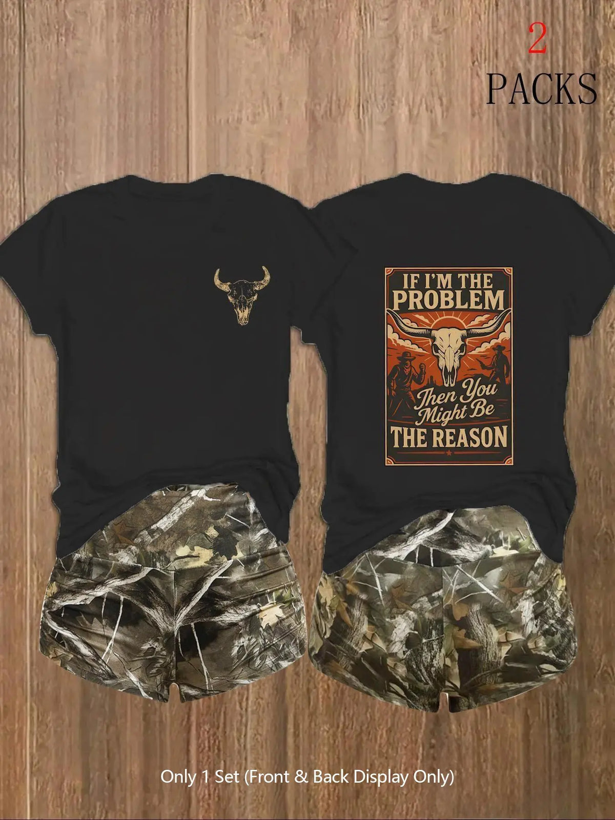 Women's 2-Pack Western Bull Print Short Sleeve Loose T-Shirt & Camo Shorts Set, Soft Casual Fabric, Daily Streetwear Loungewear, Black Beige Pink White Purple Red Multi-Color Options, Clothes