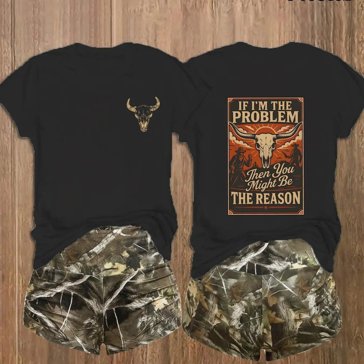 Women's 2-Pack Western Bull Print Short Sleeve Loose T-Shirt & Camo Shorts Set, Soft Casual Fabric, Daily Streetwear Loungewear, Black Beige Pink White Purple Red Multi-Color Options, Clothes