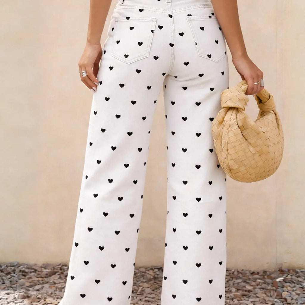 Spring/Summer Women's Elastic High-Waisted Wide Leg Baggy Bottom Jeans, Pink Heart Print, Casual Loose Fit Denim Pants for Commute, Daily Wear & Vacation