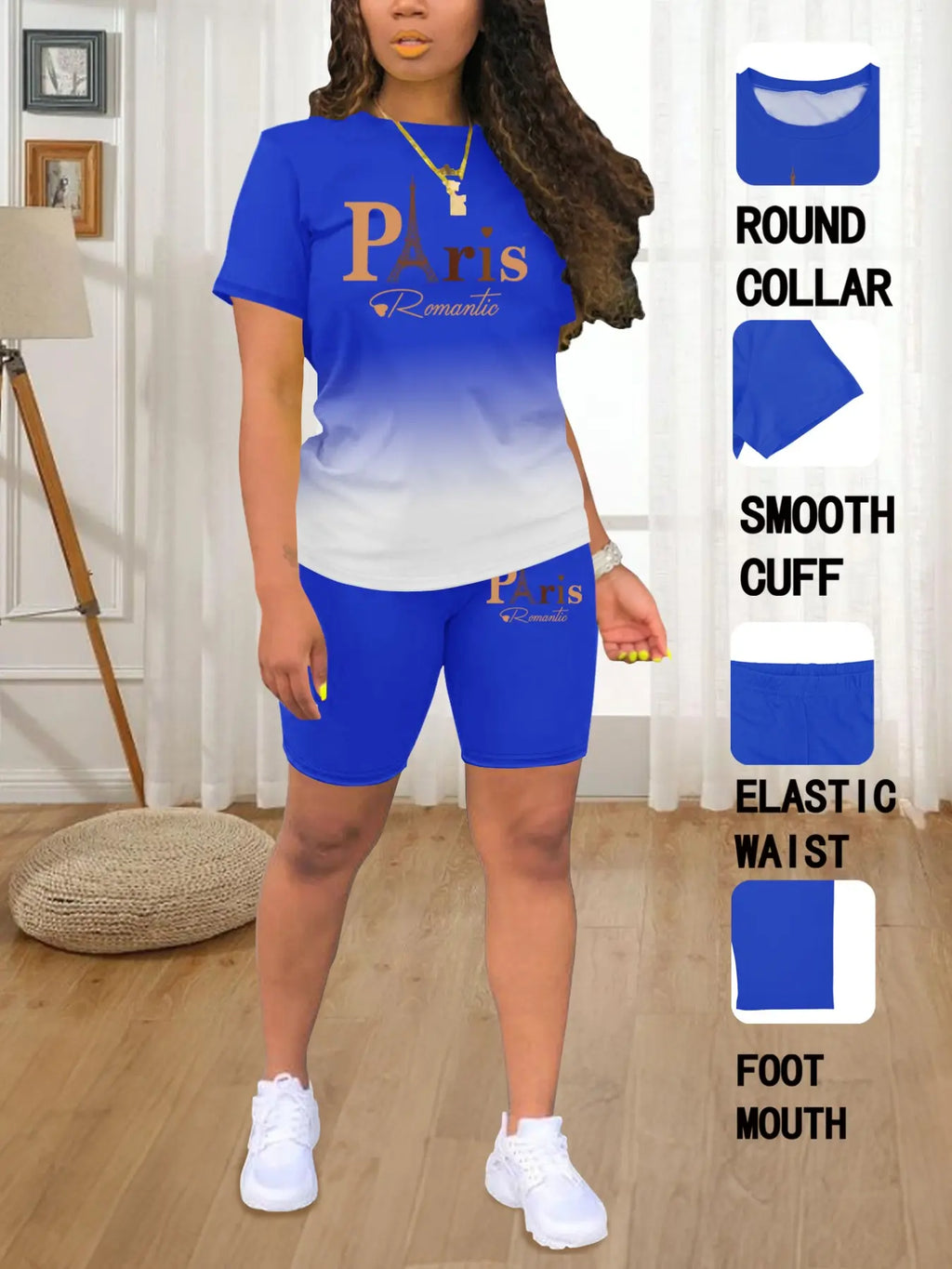 Summer Round Neck Short Sleeve Ombre Printed T-Shirt and Shorts Matching Set Outfit, Casual Long Length Fitted Suit, Plain Surface, 88.2 G/m²