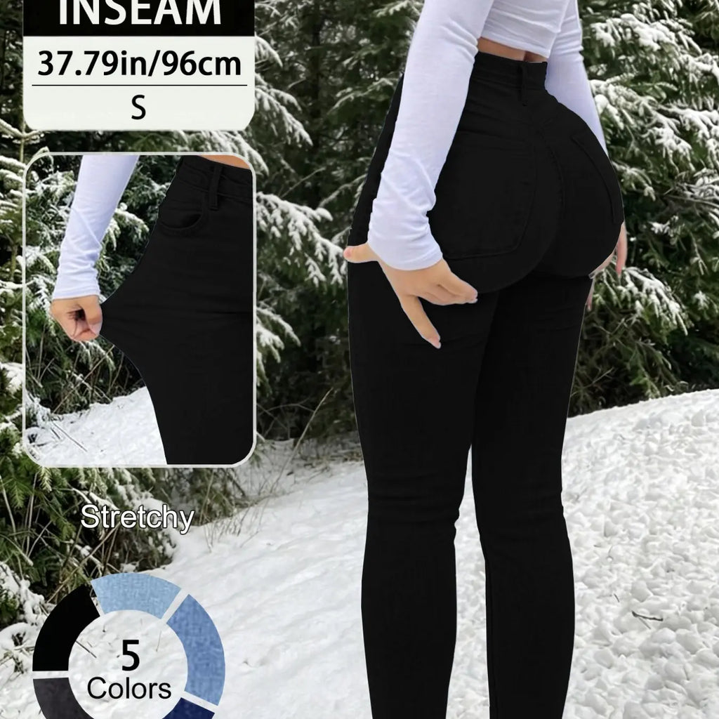 20789# New Elegant Casual Slim-Fit High Waist Fitted Long Pants for Women, All-Season Button Fly Trousers, Plain Surface, Unlined
