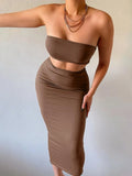 Women's 2 Counts Solid Backless Crop Tube Top & High Waist Skirt Set, Sleeveless Strapless Top & Bodycon Skirt Set for Party Club Dating, Ladies Casual Summer Clothing Set Womenswear