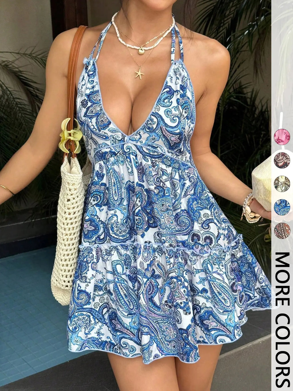 Women's Paisley Print Halter Neck Sleeveless Mini Ruffle Detail Dress - Backless Ruffled Tiered Dress for Beach & Music Festivals | Trendy Baddie Aesthetic, Viral TikTok Dress-Vacations & Casual Outings | Y2K Fashion, Flowy Summer Dress