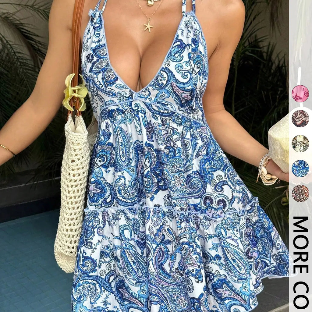 Women's Paisley Print Halter Neck Sleeveless Mini Ruffle Detail Dress - Backless Ruffled Tiered Dress for Beach & Music Festivals | Trendy Baddie Aesthetic, Viral TikTok Dress-Vacations & Casual Outings | Y2K Fashion, Flowy Summer Dress