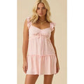 Women Ruffle Spaghetti Strap Mini Sundress, V Neck Lace Trim Empire Waist Self Tie Front Tiered Flowy Babydoll Dress, Smocked Back Sleeveless Light Textured Fabric Short Swing Dress, Cute Casual Summer Outfit for Beach Vacation