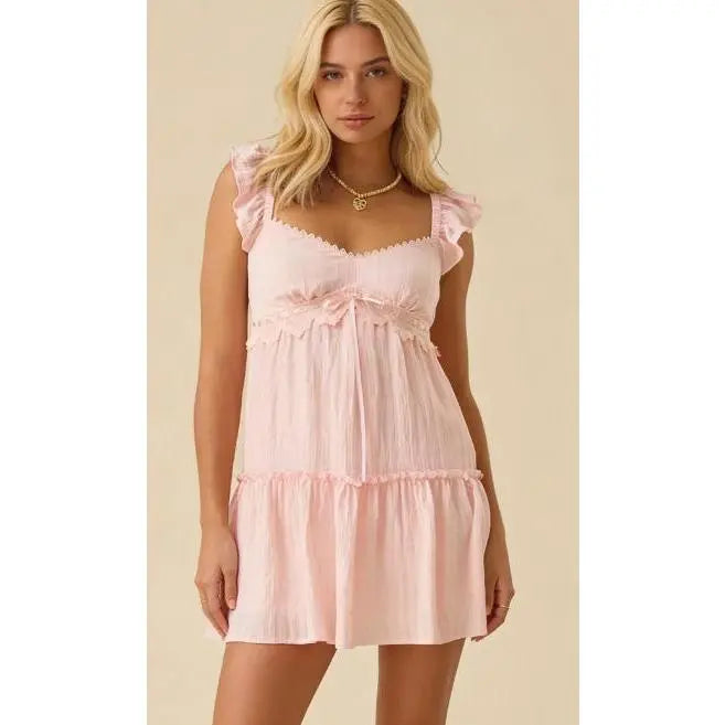 Women Ruffle Spaghetti Strap Mini Sundress, V Neck Lace Trim Empire Waist Self Tie Front Tiered Flowy Babydoll Dress, Smocked Back Sleeveless Light Textured Fabric Short Swing Dress, Cute Casual Summer Outfit for Beach Vacation