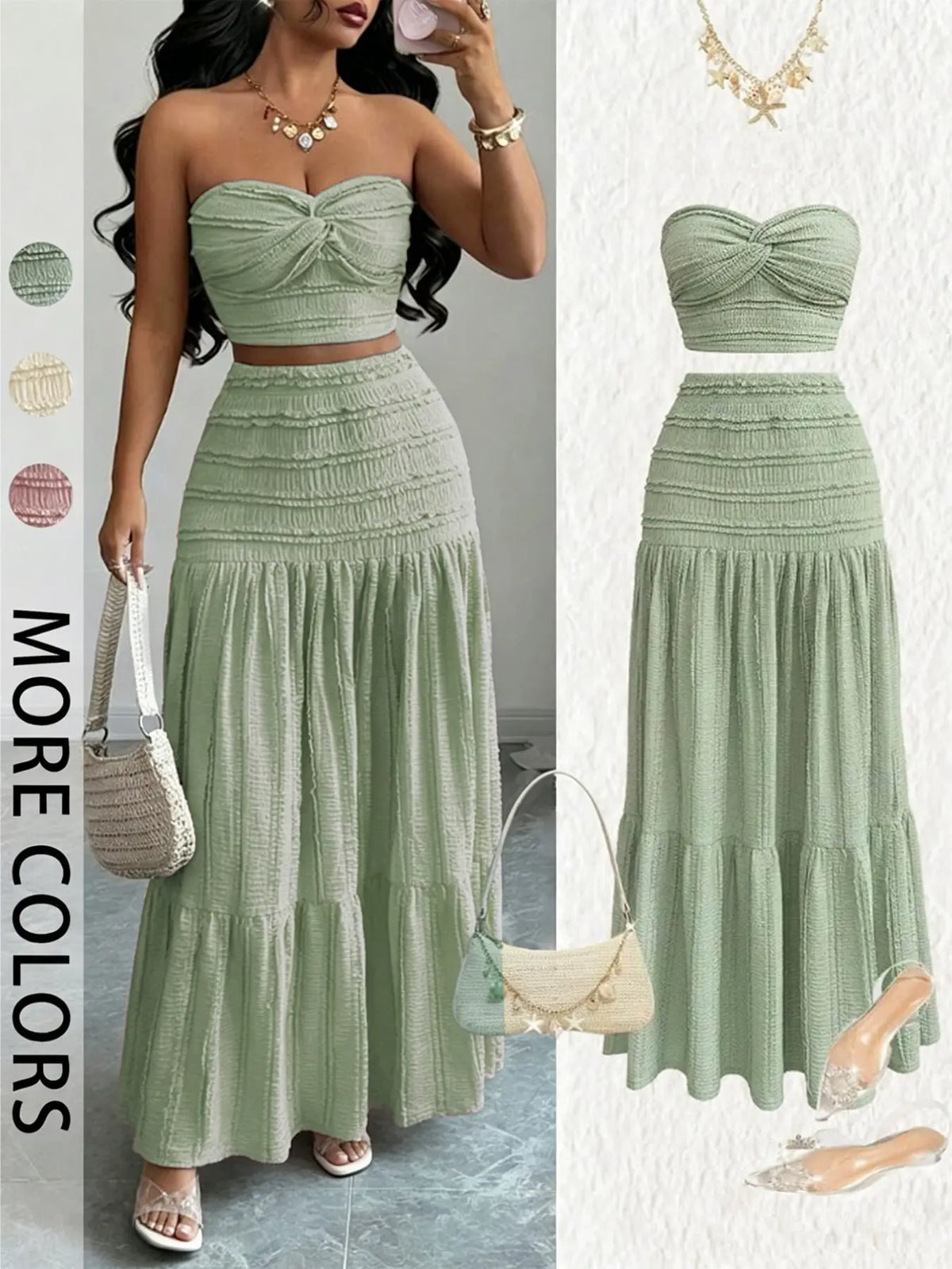 Women's Elegant Formal Wear Evening Dress Matching Set, Sweet Cute Strapless Sleeveless Crop Top and Skirt, Casual Party, Comfortable and Stylish Clothes