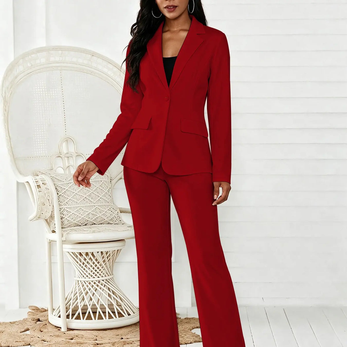 Women's Two-Piece Matching Set, Pants Set Outfit, Plain Button Lapel Fitted Blazer & Suit Pants, Business Casual Long Sleeve Outerwear & Trousers for Daily Outdoor Wear, All Seasons, Essential Business Attire, Work Casual Blazers, Corporate Attire