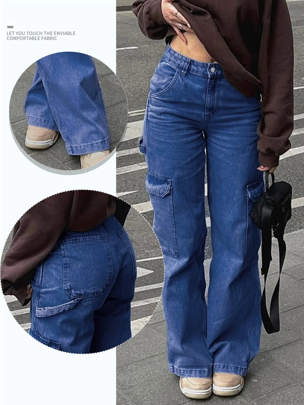 Teen Girl Denim Cargo Pants with Pockets, Loose Legged Pants, Trendy & Comfortable Casual Design, Ideal for Daily Wear & Outdoor Adventures, Cargo Jeans