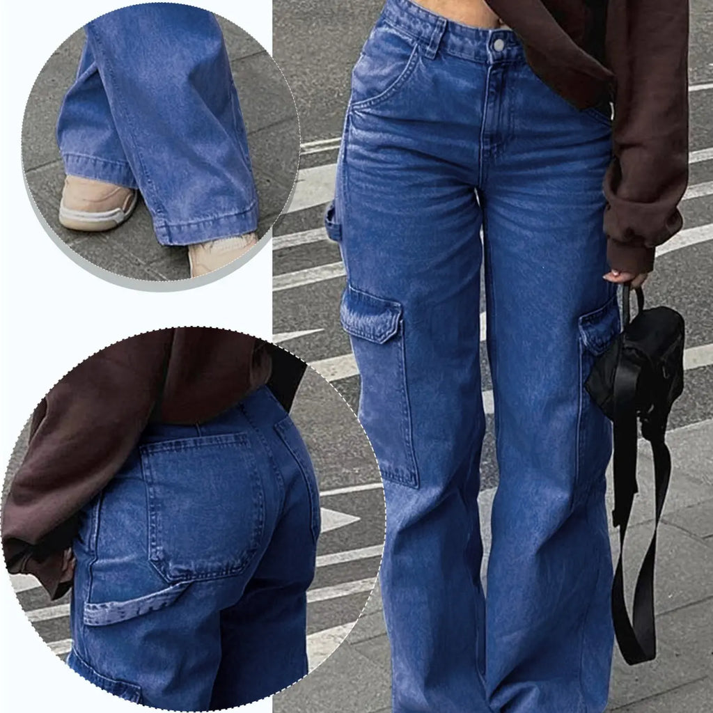 Teen Girl Denim Cargo Pants with Pockets, Loose Legged Pants, Trendy & Comfortable Casual Design, Ideal for Daily Wear & Outdoor Adventures, Cargo Jeans