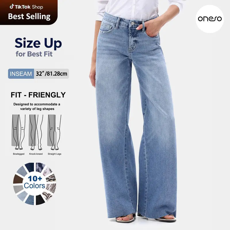 Freya ONESO Women Mid Rise High Stretchy BBL Jeans Butt Lifting Wide Leg Raw Hem Denim Pants Tummy Control Spring Basic Minimalist Woman Denim Bottom Comfortable Denim Jeans OSW8019 Plus Size Regular Size Fashion Daily Outfits DIY Inseams #SummerVibes