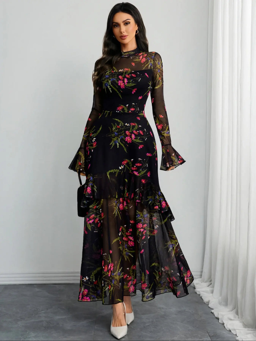 Women's Floral Print Chic Dress, Elegant Gothic Long Sleeve Dress for Party Holiday Wedding Guest, Ladies Clothes for All Seasons #GLOBAL PICKS