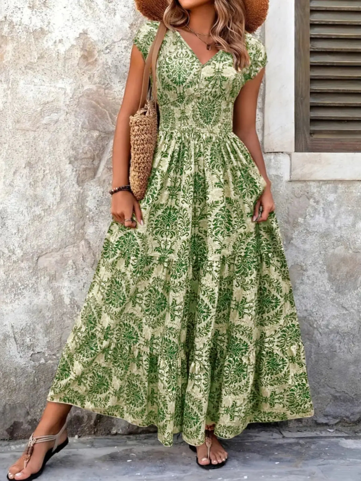 Boho Floral Maxi Dress | Floral Prints Dress | V Neck | Smocked Waist | Flowy Ruffle Hem | Women Summer Vacation Outfits | Ruffled |