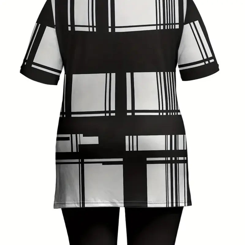 Plus Size Women's Casual 2-Piece Set - Plaid Stripe Color Block Print, Short Sleeve Round Neck Polyester Pullover Top, Shorts with 2-Sided Split, Plus Size Fashion, Regular Fit Comfortable Leisure Wear