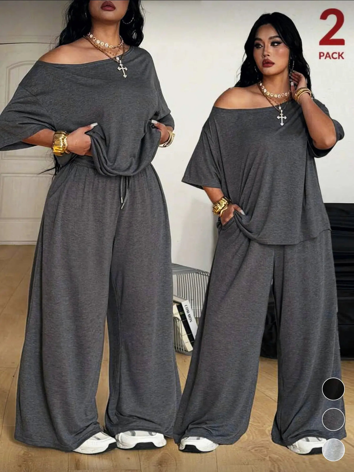 Plus Size Women's Casual Baggy Fit Tee & Pants Set, Comfortable Fabric, Asymmetrical Neckline Top & Wide-Leg Pants, Ideal for Daily Wear & Outdoor Activities, Everyday