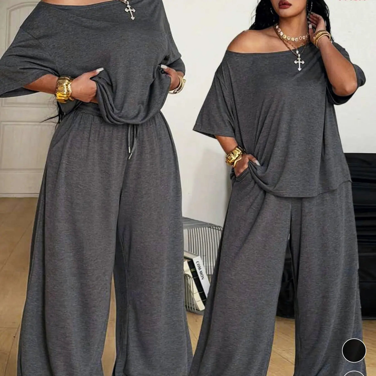 Plus Size Women's Casual Baggy Fit Tee & Pants Set, Comfortable Fabric, Asymmetrical Neckline Top & Wide-Leg Pants, Ideal for Daily Wear & Outdoor Activities, Everyday