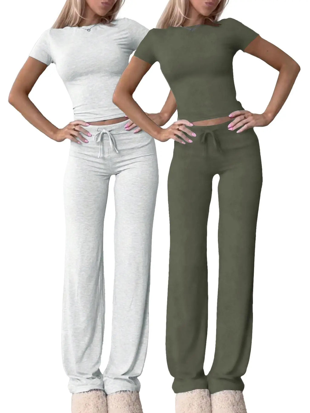 Women's Basic Minimalist Solid Short Sleeve Two-piece Set, Casual Round Neck Crop Tee & Drawstring High Waist Trousers for Daily Wear, Ladies Summer Clothes, Womenswear